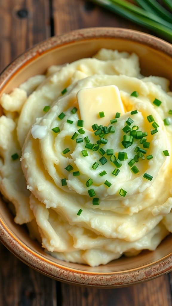 A bowl of creamy mashed potatoes with chives on a wooden table.
